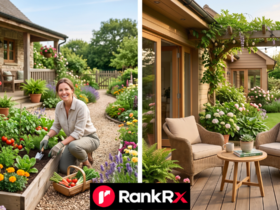 Native plant garden bed beside a patio, illustrating practical home and garden design trends for 2026.