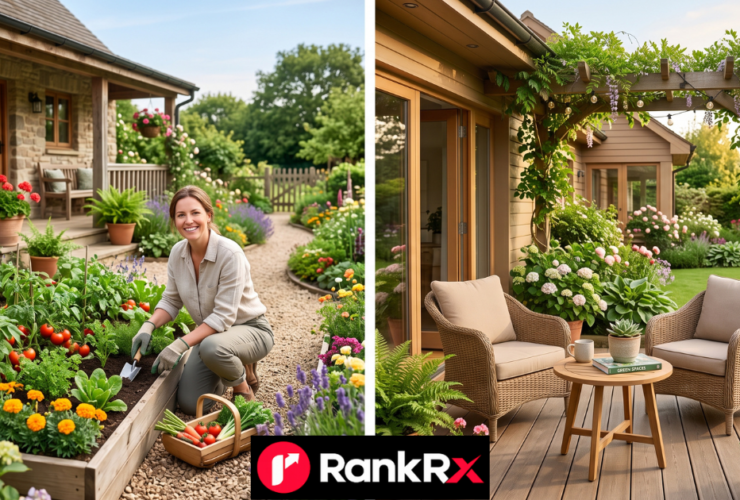 Native plant garden bed beside a patio, illustrating practical home and garden design trends for 2026.