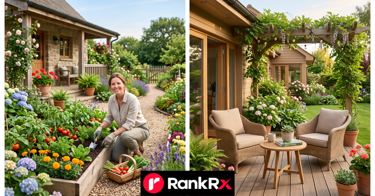 Native plant garden bed beside a patio, illustrating practical home and garden design trends for 2026.