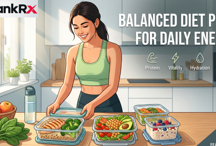 Balanced diet plate with whole grains, protein, and vegetables for sustained daily energy