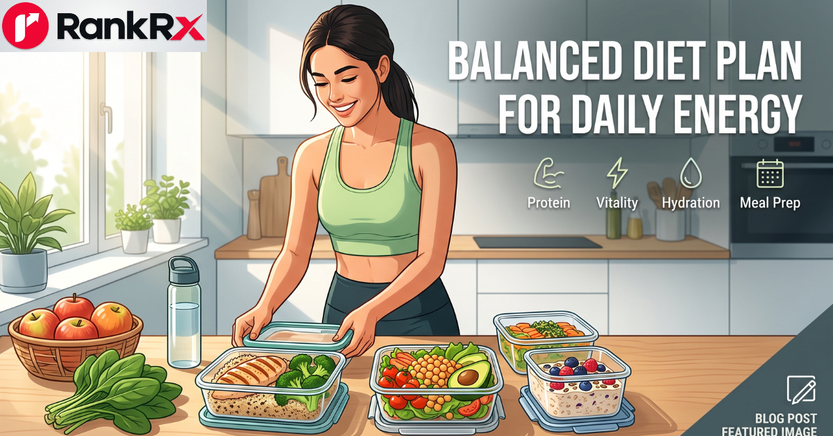Balanced diet plate with whole grains, protein, and vegetables for sustained daily energy