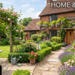 UK garden design with outdoor dining zone, drought-tolerant plants and fire pit lighting