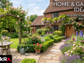 UK garden design with outdoor dining zone, drought-tolerant plants and fire pit lighting