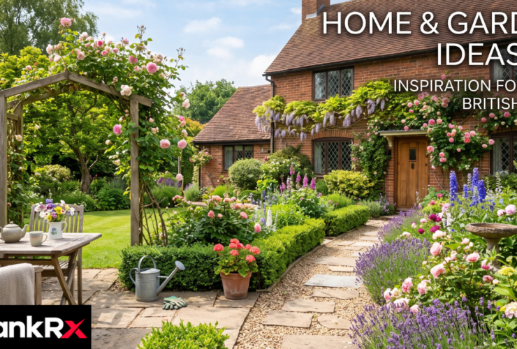 UK garden design with outdoor dining zone, drought-tolerant plants and fire pit lighting