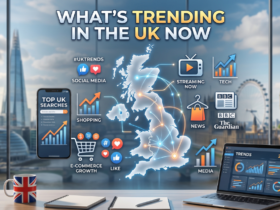 Illustration representing UK trending topics across news, TikTok, fashion, and Google search