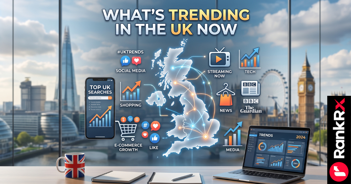 Illustration representing UK trending topics across news, TikTok, fashion, and Google search
