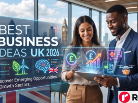 Entrepreneur planning best business ideas UK 2026 at a desk with notes and a laptop