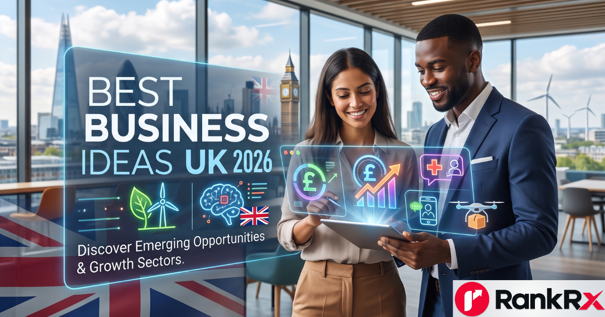 Entrepreneur planning best business ideas UK 2026 at a desk with notes and a laptop