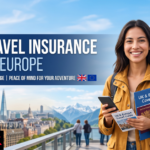 Traveller comparing travel insurance policy documents for a UK to Europe trip