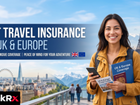 Traveller comparing travel insurance policy documents for a UK to Europe trip