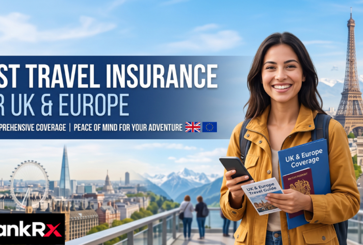 Traveller comparing travel insurance policy documents for a UK to Europe trip