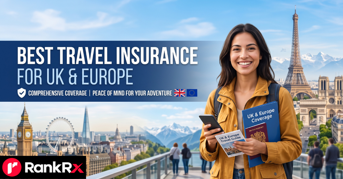Traveller comparing travel insurance policy documents for a UK to Europe trip