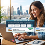 Person searching for cheap flights from the UK on a laptop screen showing a flight comparison site
