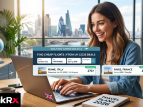 Person searching for cheap flights from the UK on a laptop screen showing a flight comparison site