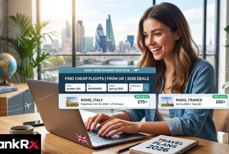 Person searching for cheap flights from the UK on a laptop screen showing a flight comparison site