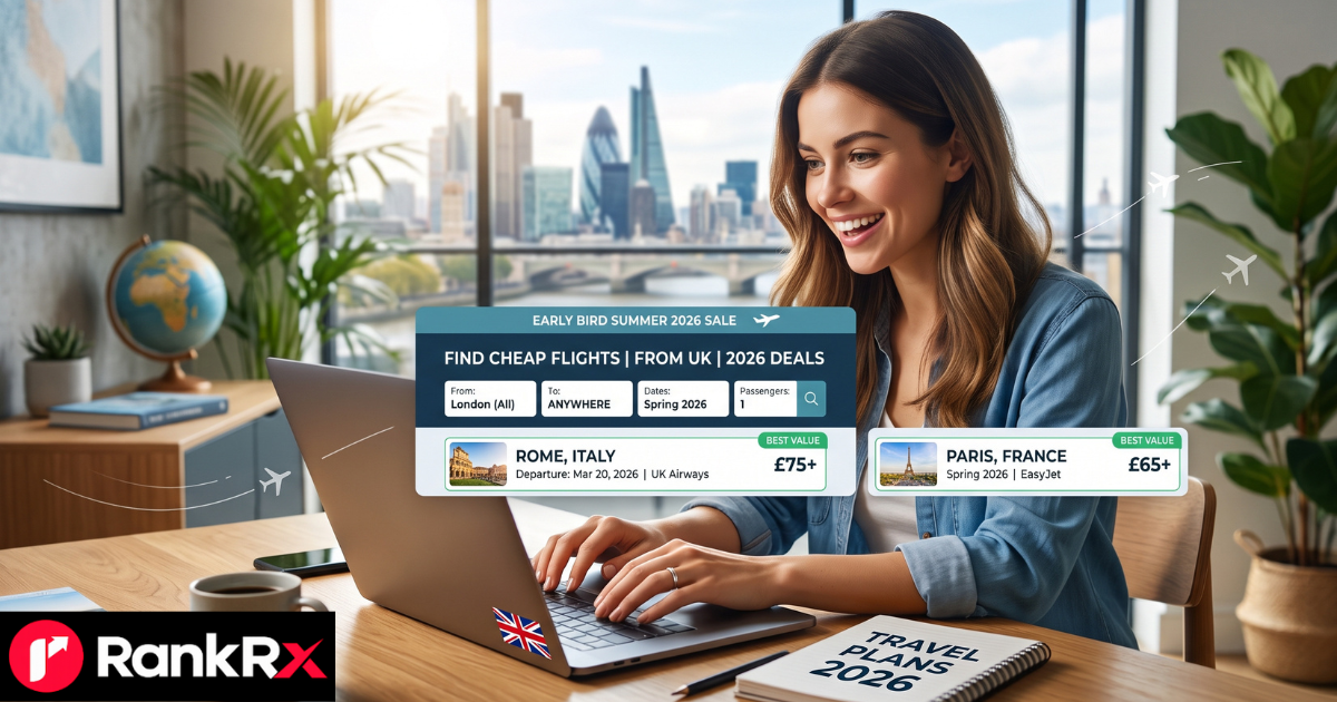 Person searching for cheap flights from the UK on a laptop screen showing a flight comparison site