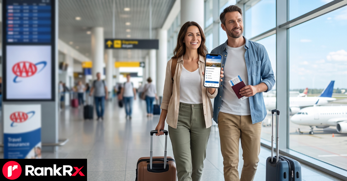 Traveler reviewing aaa travel insurance plan options on a laptop before a trip