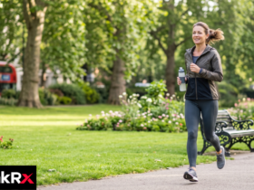Healthy lifestyle tips UK — fresh vegetables, walking shoes and water bottle representing balanced daily habits