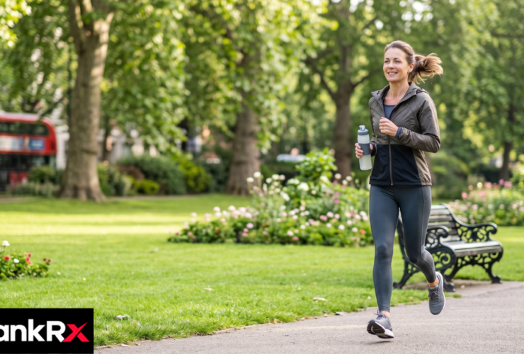 Healthy lifestyle tips UK — fresh vegetables, walking shoes and water bottle representing balanced daily habits