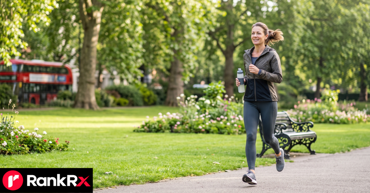 Healthy lifestyle tips UK — fresh vegetables, walking shoes and water bottle representing balanced daily habits