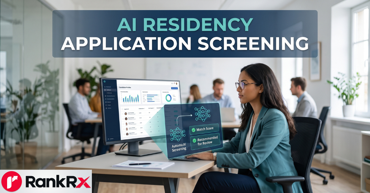 AI residency application screening software interface analyzing ERAS applicant profiles.