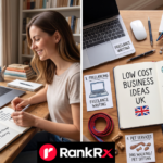 Laptop and notebook on a desk representing a low-cost business idea in the UK