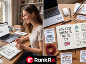 Laptop and notebook on a desk representing a low-cost business idea in the UK