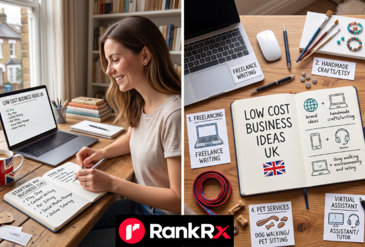Laptop and notebook on a desk representing a low-cost business idea in the UK