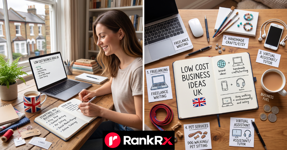 Laptop and notebook on a desk representing a low-cost business idea in the UK