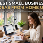 Home office desk with laptop, notebook and coffee, symbolising a small business run from home in the UK