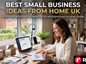 Home office desk with laptop, notebook and coffee, symbolising a small business run from home in the UK