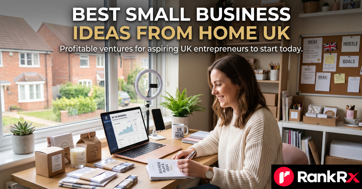Home office desk with laptop, notebook and coffee, symbolising a small business run from home in the UK
