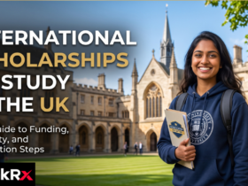 International student researching scholarships to study in the UK on a laptop