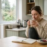 Healthy morning routine UK breakfast table with tea, water and porridge in natural light