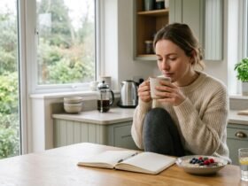 Healthy morning routine UK breakfast table with tea, water and porridge in natural light