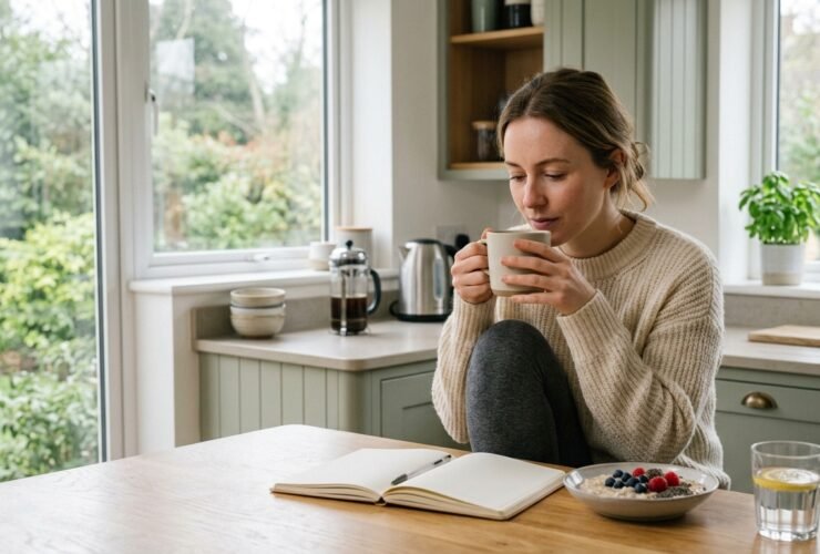 Healthy morning routine UK breakfast table with tea, water and porridge in natural light