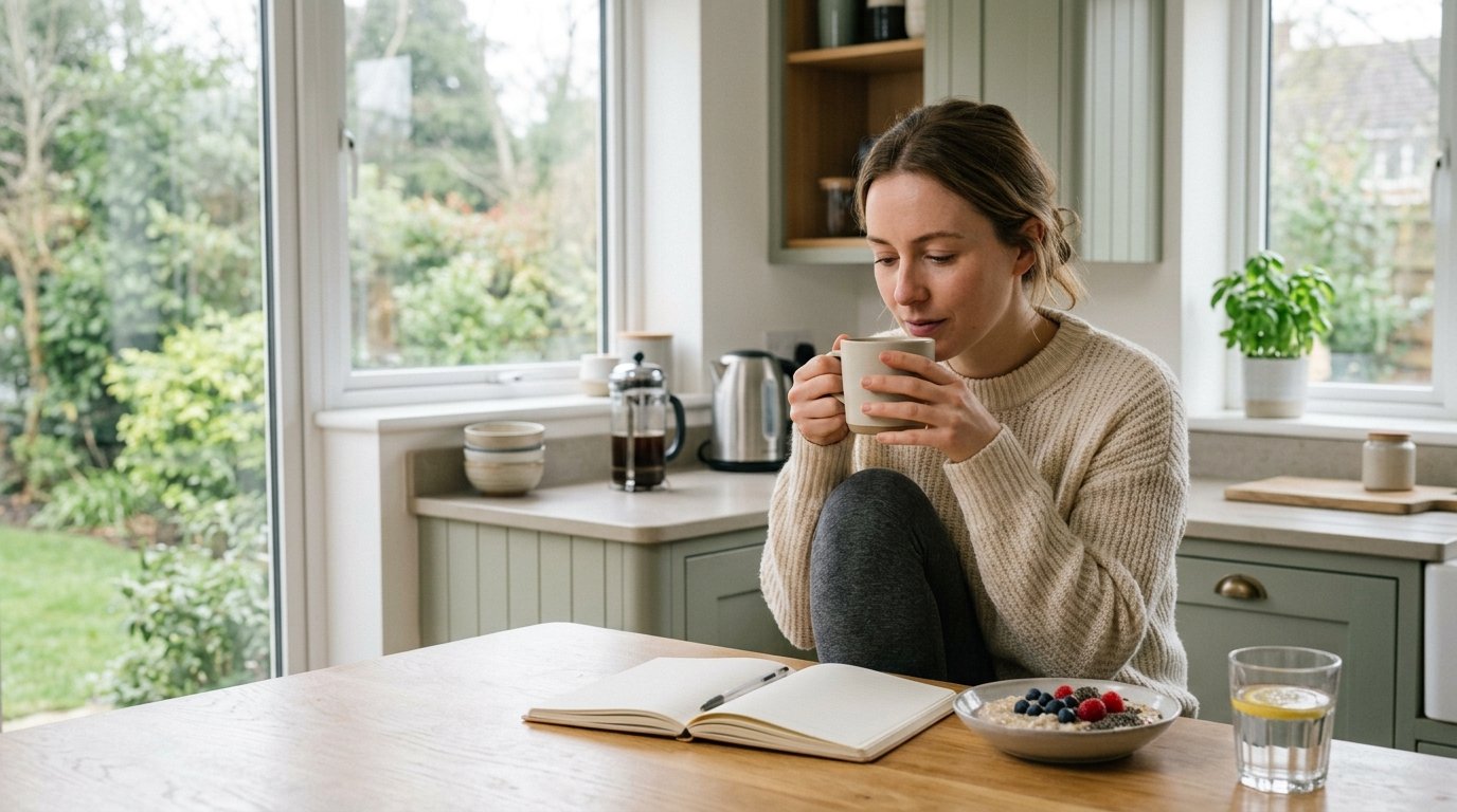 Healthy morning routine UK breakfast table with tea, water and porridge in natural light