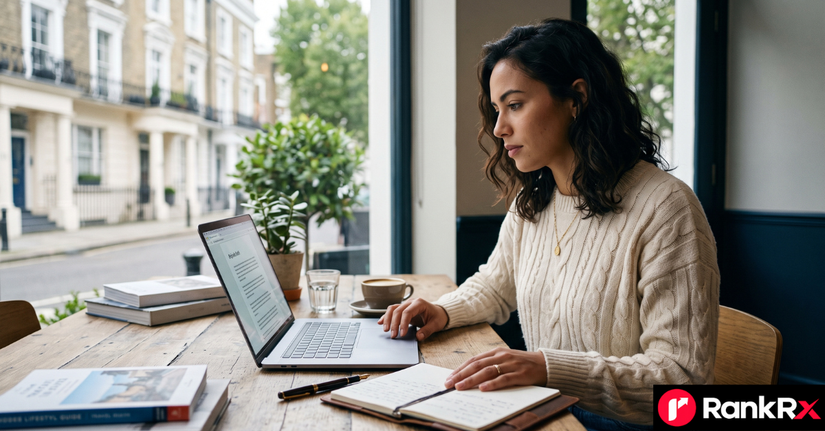 Guide to finding the best UK lifestyle blog guest post opportunities in 2026 showing a writer researching blogs on a laptop.