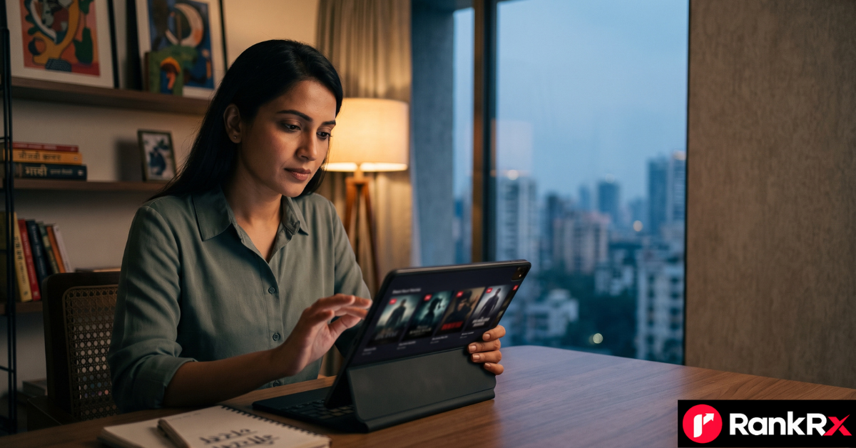 Netflix 18+ series list with Hindi dubbed audio options on a TV screen