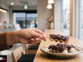 Anko dango Japanese rice dumplings with sweet red bean paste on bamboo skewers