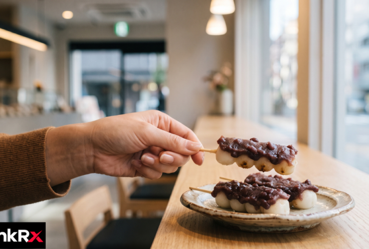 Anko dango Japanese rice dumplings with sweet red bean paste on bamboo skewers