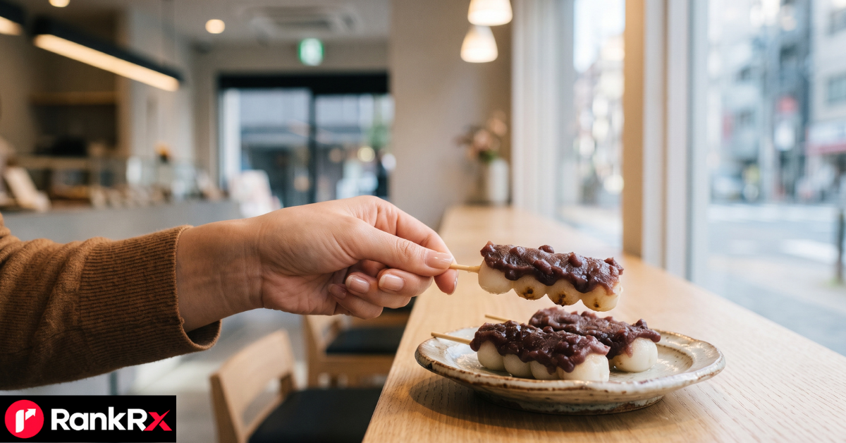 Anko dango Japanese rice dumplings with sweet red bean paste on bamboo skewers