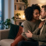 Couple watching a hot romance series on Netflix on a large television screen