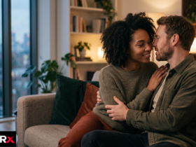 Couple watching a hot romance series on Netflix on a large television screen