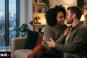 Couple watching a hot romance series on Netflix on a large television screen