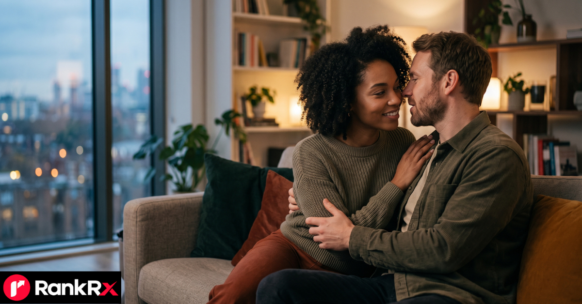 Couple watching a hot romance series on Netflix on a large television screen