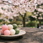 Three-color hanami dango skewer with pink, white and green rice dumplings under cherry blossoms