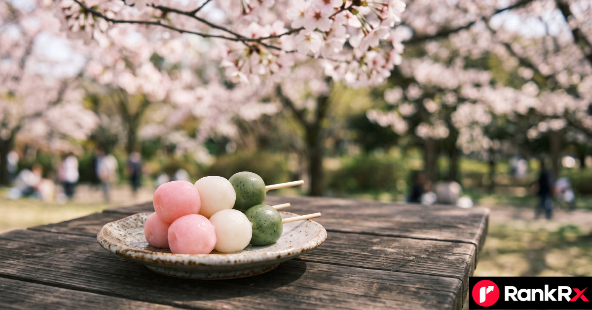 Three-color hanami dango skewer with pink, white and green rice dumplings under cherry blossoms