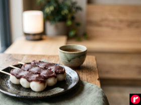 Anko dango japanese dessert skewers coated in red bean paste