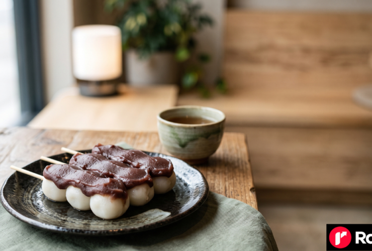 Anko dango japanese dessert skewers coated in red bean paste